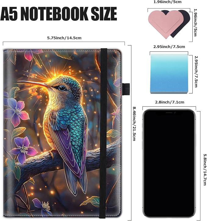 Hardcover Executive Notebooks, A5 PU Leather Lined Journal Notebook, 200 Pages Thick Paper Subject Notebooks for School,Work,Home Writing Business Notebook, Blooming Flower and Hummingbird