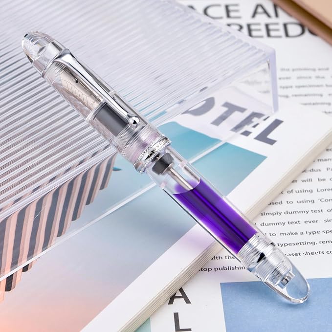Asvine V800 Fountain Pen - Vacuum Filling System with Large Ink Capacity - Smooth Number 8 Medium Nib with Gift Case and Wrench - Clear Silver Acrylic