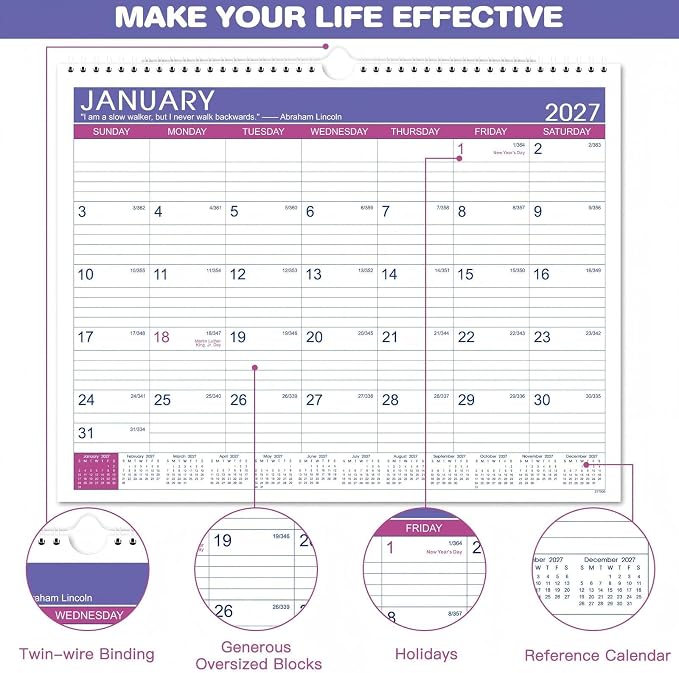 2027 Calendar - 2027 Wall Calendar, JAN 2027 - DEC 2027, 15" x 11.5", 2027 Wall Calendar 12 Month with Hanging Hook, Perfect for School, Home, Office Organization - Floral