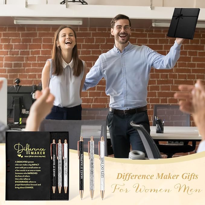 Thenshop 5 Pcs Difference Maker Gifts Journal with Pen Leather Notebook 3 Ballpoint Pens Box Thank You Gift for Nurse Boss Employee Coworker Teacher Volunteer Social Worker Assistant(Black)