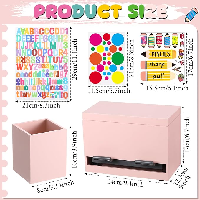 Mifoci 8 Pcs Wooden Pencil Dispenser Kit for Classroom Wooden Pen Holder Straw Dispenser Sharp and Dull Letter Stickers for Teachers Classroom Supplies Storage (Pink)