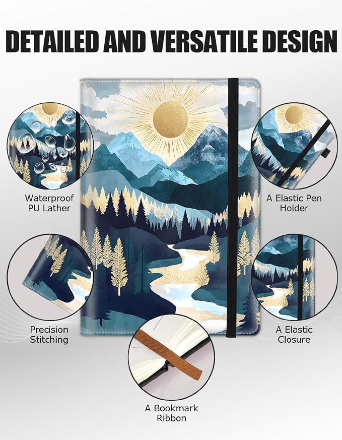 Hardcover Executive Notebooks, A5 PU Leather Lined Journal Notebook, 200 Pages Thick Paper Subject Notebooks for School,Work,Home Writing Business Notebook, Diary Book ，Valley Sunrise Mountains