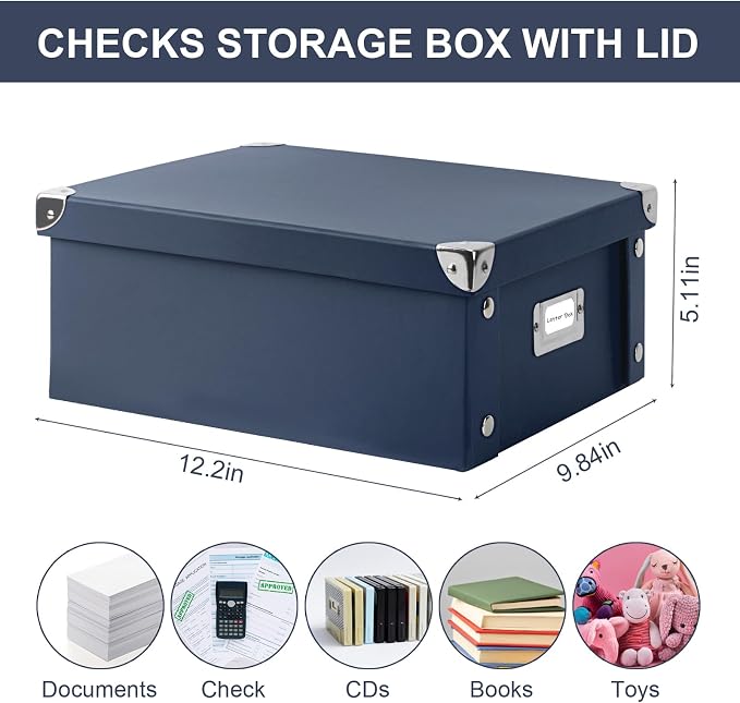 DLUGOPIS Checks Storage Box with Lid Document Boxes Banker Boxes Document Bin Foldable Cardboard Record Boxes For Business Pesonal Orangize Files 12"x10"x5"(Navy Blue, 1 pcs)