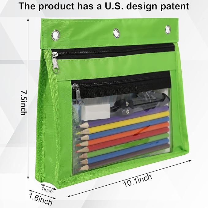 YoeeJob 2 Pack 1 Inch Expandable Zipper Pencil Pouches with Clear Window for 3 Ring Binder, Suitable for School & Office（Green）