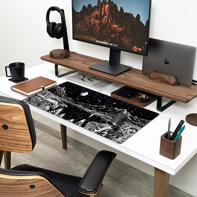 Black and White Desk Mat Dark Nature Forest Mouse pad XXL Starry Night Mountain Desk pad Aesthetic Moon and Stars Mousepad XXL for Laptop Computer Mouse Gaming Keyboard Mat, 31.5 X 15.8 in