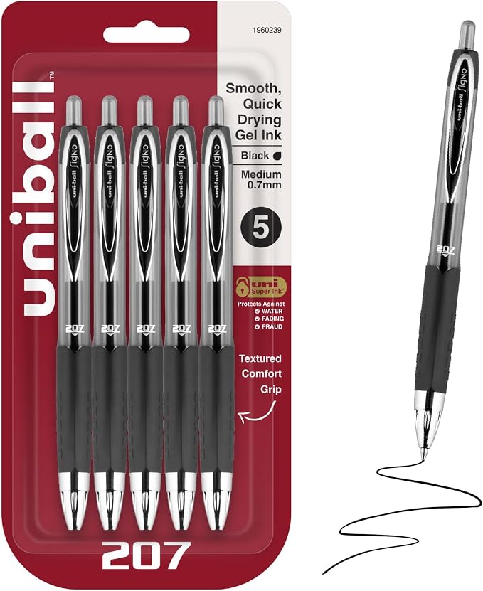 uniball™ 207 Gel Pens, Black Ink, 0.7mm Medium Point, Retractable, 5 Count | Smooth Writing, Fraud-Resistant, uni Super Ink™