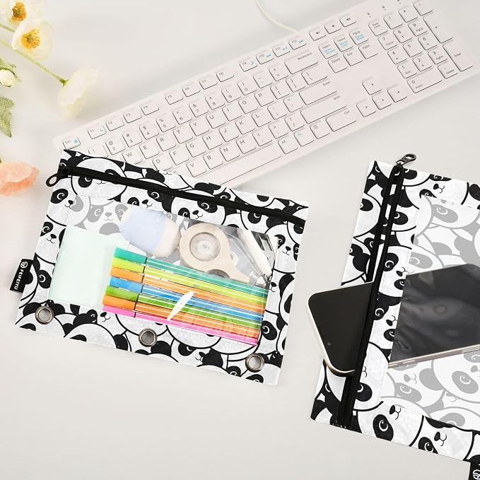 ALAZA Pencil Pouch for 3 Ring Binder, Panda Head Cute Binder Pencil Pouches with Clear Window Zipper Pencil Case Cosmetic Bags for Office College Supplies, 2PCS