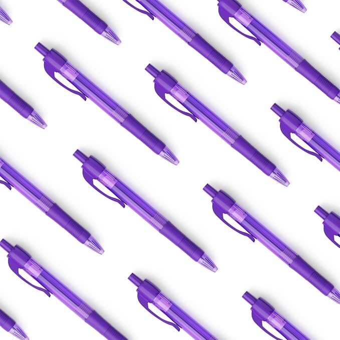 deegtran Pens Bulk, 30 Pack No Bleed Purple Ink Click Pens with Soft Grip, Wholesale Retractable Ballpoint Pens for Office School, Medium Point Smooth 1.0MM