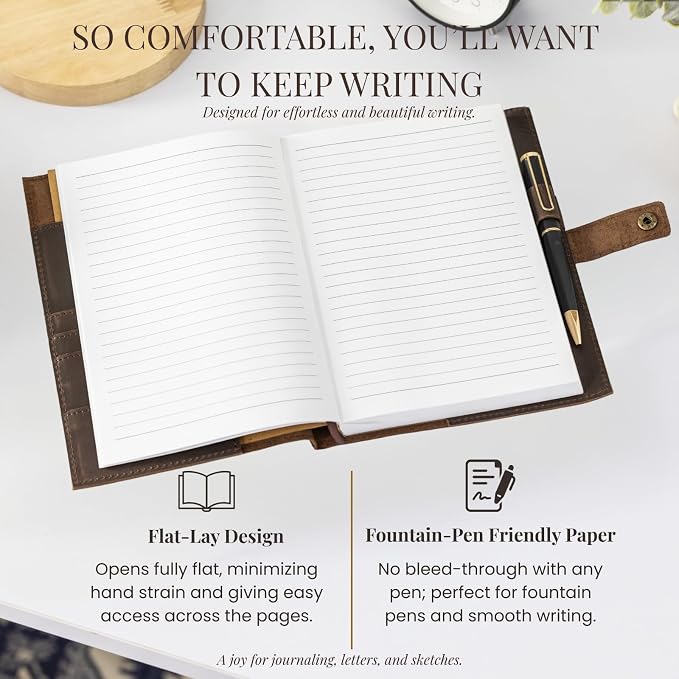 A5 Refillable Leather Journal for Men and Women with Pen, Leather Notebook, Bound Cover, Premium Writing Diary