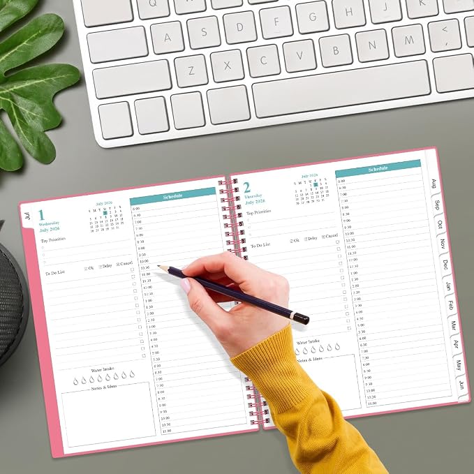 2026-2027 Daily & Monthly Planner - One Page Per Day, Daily Planner from July 2026 - June 2027, Planner 2026-2027 with 12 Monthly Tabs, 8.5" x 11", Pink