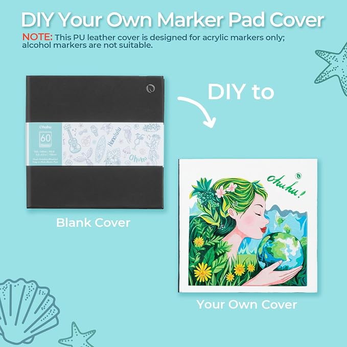 Ohuhu Double-Sided Marker Pad Art Sketchbook Bleedproof - 6.3"x6.3" Small Square Paper Size - 90 LB/150 GSM Smooth Drawing Paper - 60 Sheets/120 Pages - Hardcover Sketching Book for Alcohol Markers