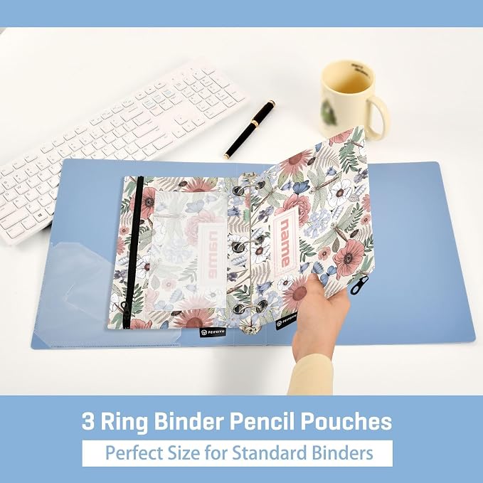 ALAZA Pencil Pouch for 3 Ring Binder, Boho Flowers Dragonflies Custom Binder Pencil Pouches with Clear Window Zipper Pencil Case Cosmetic Bags for Office College Supplies, 2PCS