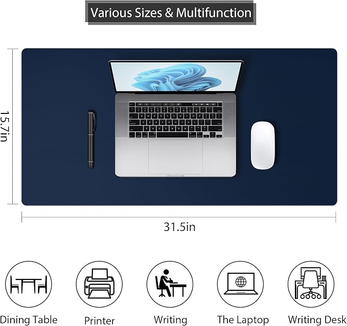 Leather Desk Pad Protector, Mouse Pad, Non-Slip Computer Mat for Desk, PU Leather Office Desk Mat for Home & Office, Waterproof Laptop Desk Blotter for Keyboard and Mouse, Navy (15.7''X31.5'')