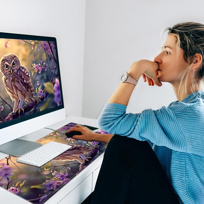 Warm Desk Pad,Heated Desk Pad,Office Mat,3 Heating Levels & 3 Hours Auto Shut-Off,31.5"*13" Gaming Mouse Laptop Keyboard Leather Desk Mat,Cute Owl Purple