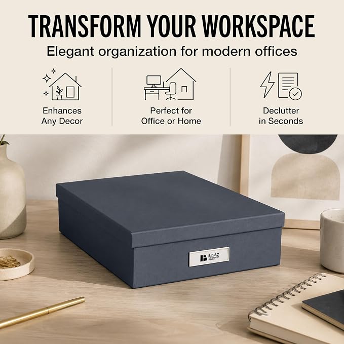 Bigso Oskar Fiberboard Label Frame Document Letter Box - File Organizer Box for Important Paperwork - Document Storage with a Lid & Metal Label Window - 3.3 in x 10.2 in x 13.8 in - Dark Grey