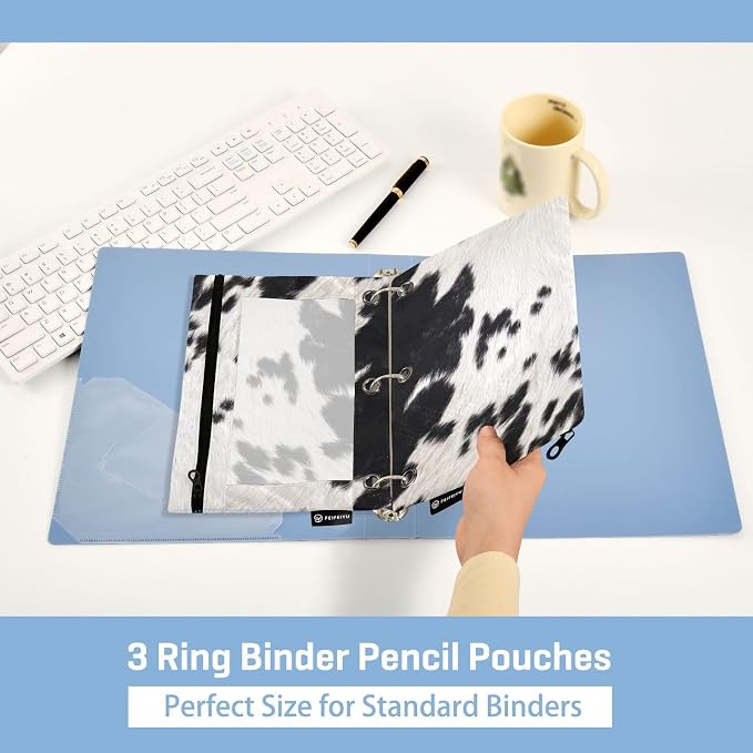 Cow Skin Print Pencil Pouch Fits Standard 3-Ring Binders, Zipper Binder Pencil Bag with Clear Window for Class Office 2 Pack