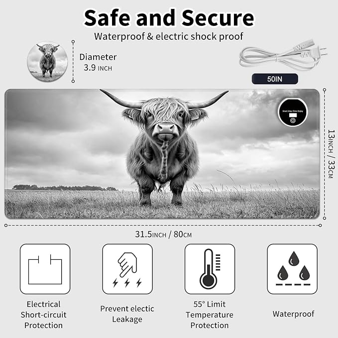 Warm Desk Pad,Heated Desk Pad,Office Mat,3 Heating Levels & 3 Hours Auto Shut-Off,31.5"*13" Gaming Mouse Laptop Keyboard Leather Desk Mat,Cute Highland Cow Black