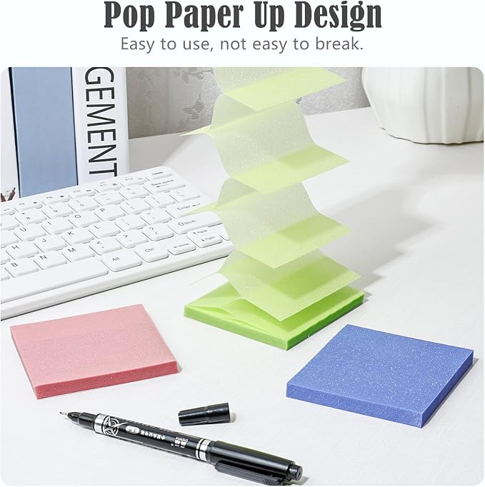 BAYTORY 240 Pop Paper Up Transparent Glitter Sticky Notes with 1 Marker | Double Marker Pen, Waterproof Self-Stick Note, 3 x 3 Colorful Self-Adhesive Note for Bible Accessories (Green & Pink & Blue)