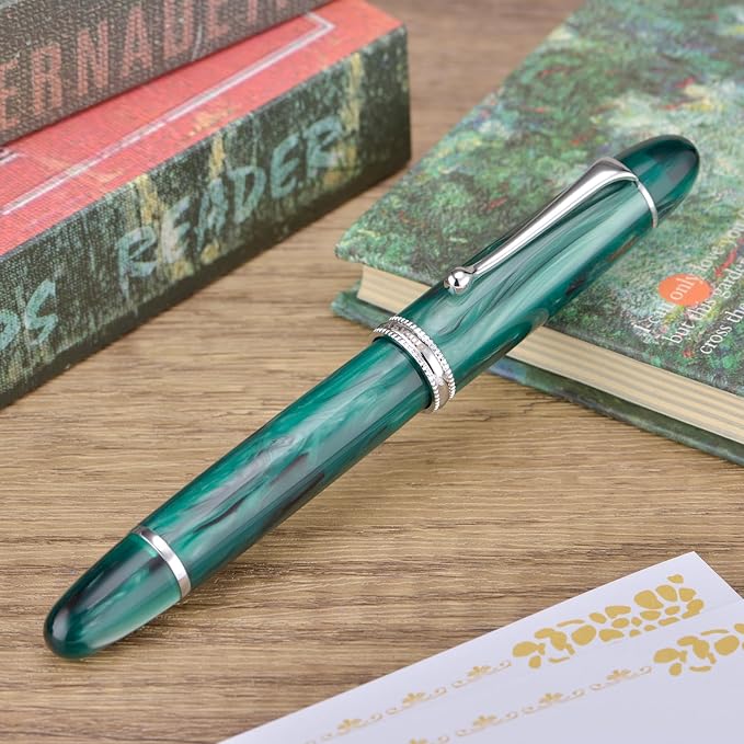 Asvine V800 Fountain Pen – Vacuum Filling System with Large Ink Capacity – Smooth Number 8 Extra Fine Nib with Gift Case and Wrench- Green Acrylic