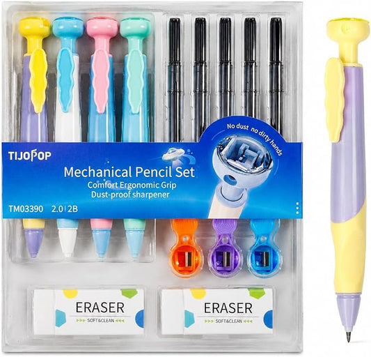 Dust Proof 2.0mm Mechanical Pencil for Kids with Ergonomic Grip 4Pack | Mechanical Pencils with 2 Erasers、25 Refills & 3 Sharpeners，Mechanical Pencils Bulk for School or Office Supplies