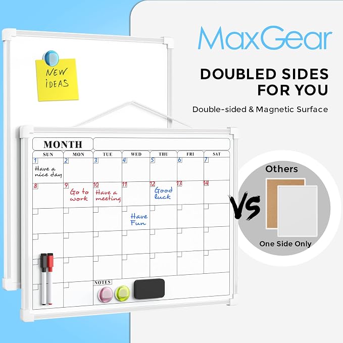 MaxGear Monthly Calendar Dry Erase Board for Wall, 16"x12", White Frame | Double-Sided, Hanging Small White Board, Portable Whiteboard for Planning, Drawing, Memo, to Do List, Home, Kitchen, Office