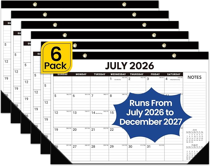 6 Pack of Desk Calendar 2026-2027, 18-Month Calendar Runs from July 2026 to December 2027, Large 17" x 12" Monthly Desktop & Wall Calendar for Home & Office - Black