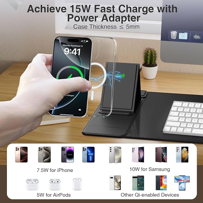 Mouse Pad with Wireless Charging & Foldable Phone Holder, Black | 27.5"x11.8 Desk Protector with Stitched Edges, Non-Slip Base, Laptop Desk Mat, Waterproof Writing Pad for Office & Home
