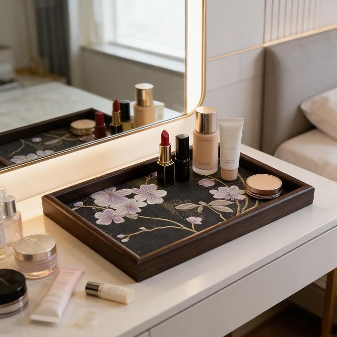 Wooden Valet Tray with Floral Base, EDC Catch All Tray Nightstand Entryway Table Vanity Organizer 11.8x7.9, Black Vintage Blossoms