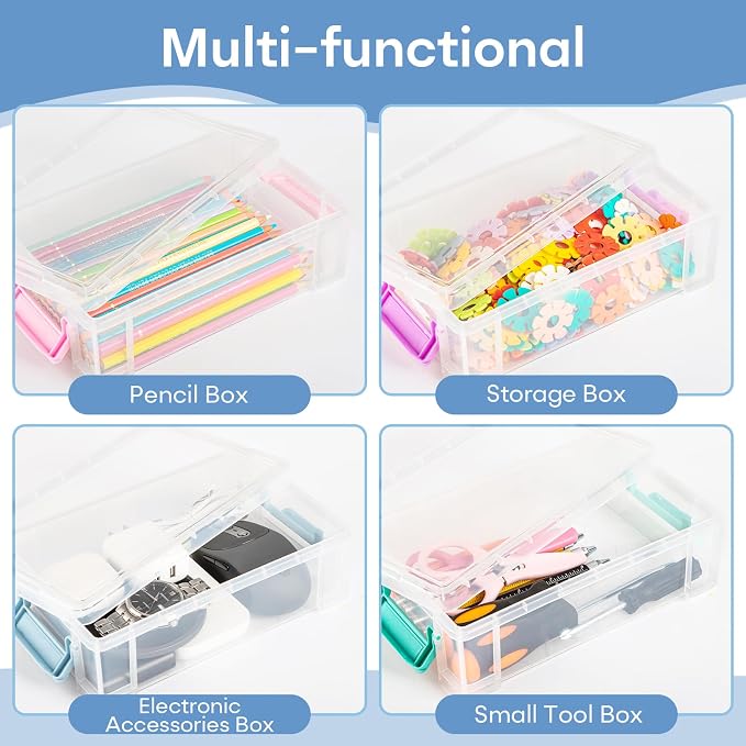 Extra Large Clear Pencil Box for Crayons, Markers, Art Supplies, Plastic Hard Pencil Case with Secure Lid, Stackable Hard Storage Organizer Box for Classroom & Office,Large Size (Blue)