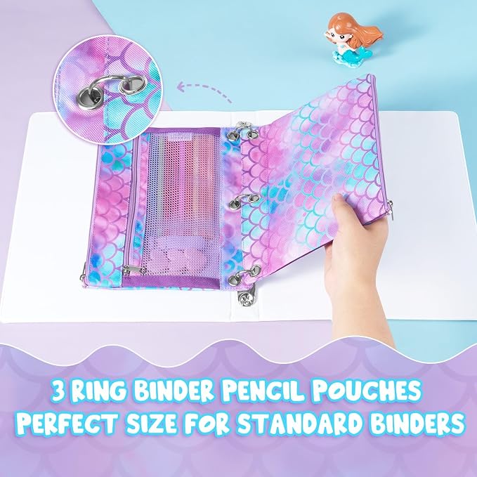 WAWSAM Mermaid Pencil Pouch for 3 Ring Binder, Zipper Pencil Pouch for Girl | 2 Pocket Clear Window Pencil Case, 3 Ring Pencil Pouch for School Supplies, Pencil Bags for Office College