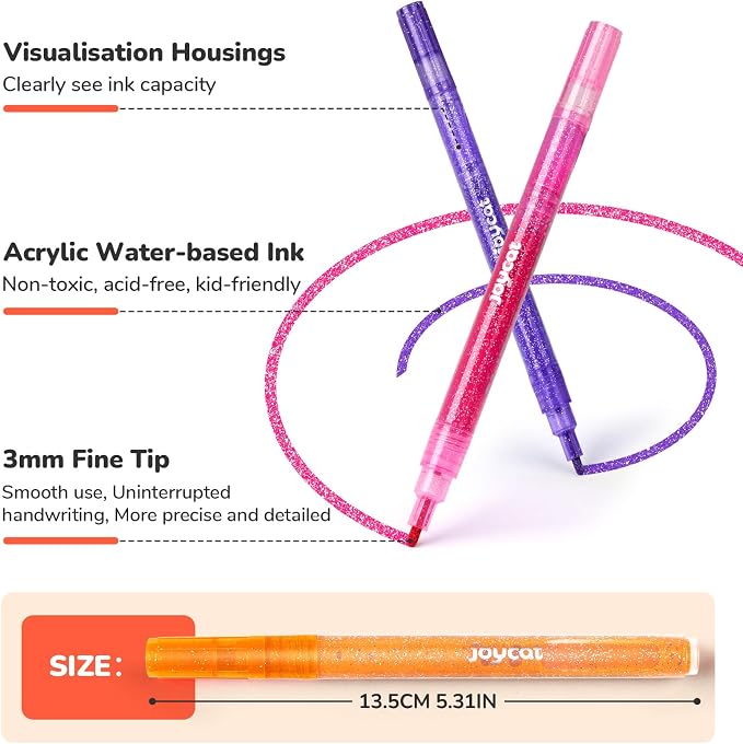 JoyCat 12-Color Glitter Markers for Kids, 3mm Paint Pens, High-Capacity Ink | Sparkle markers and glitter pens with 3ml ink and 3mm tips create shimmering art on paper, rocks, wood and glass for kids.
