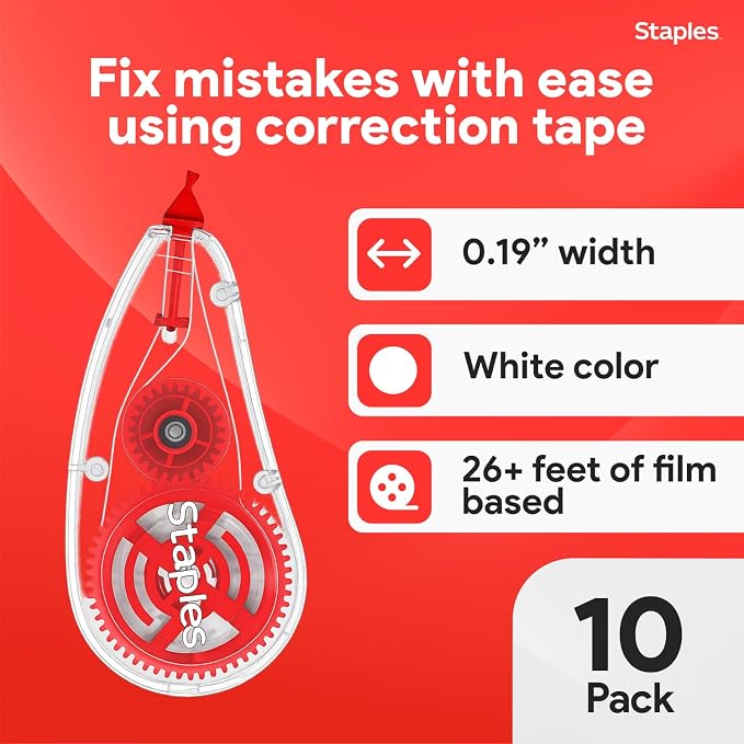 STAPLES Correction Tape, White, 10 Pack – Sidewinder Applicator for Instant, Precise Corrections