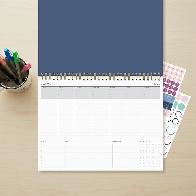 Blue Sky Undated Weekly Planner Pad, 12"x9", Navy | Top Safety Wirebound, Notes Section, For Office and School