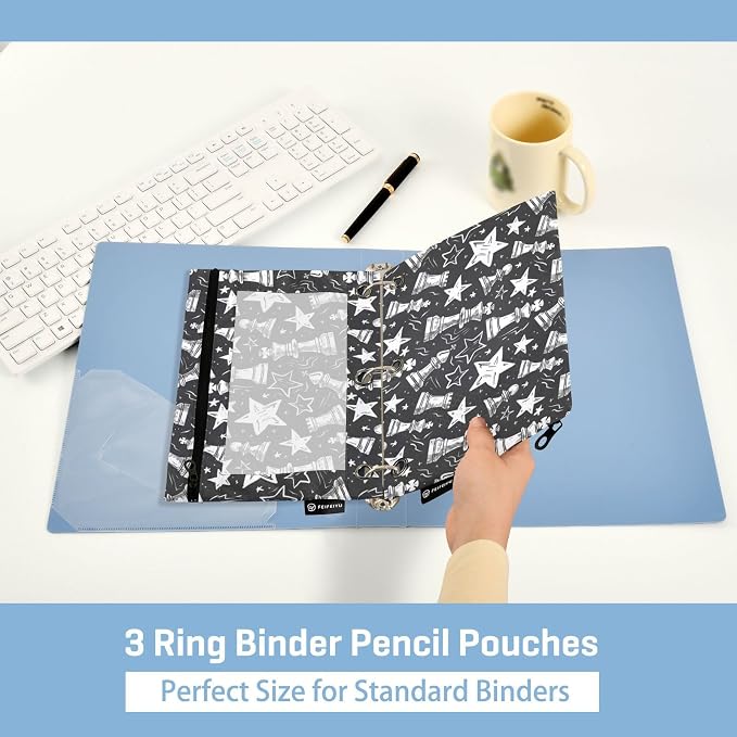 Binder Pencil Pouches Chess Pieces and Stars Pen Case | Clear Window 3 Rings, Cosmetic Bags School Office Supplies Cosmetic Makeup Bag 2 Psc