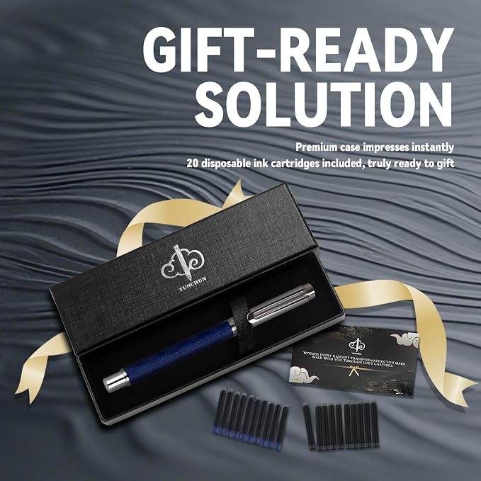 YUNCHUN Fountain Pen Set for Men Women, Streamline Design Refillable Pen with Medium Nib, 20 Ink Refills (10 Black + 10 Blue), Smooth Writing Gift, Blue