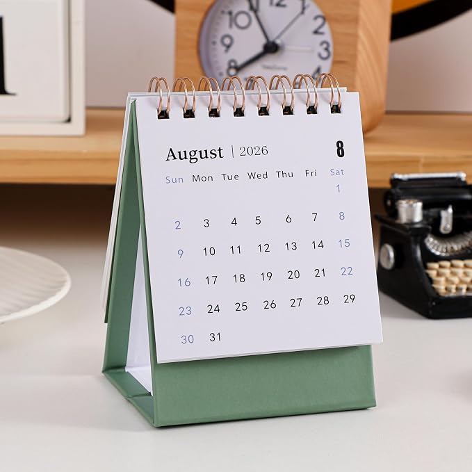 Mini Desk Calendar 2026-2027 - Runs From July 2026 until Dec 2027 Monthy Small Desktop Calendar 250 GSM Thick Paper Twin-Wire Binding for Home or Office (Green)