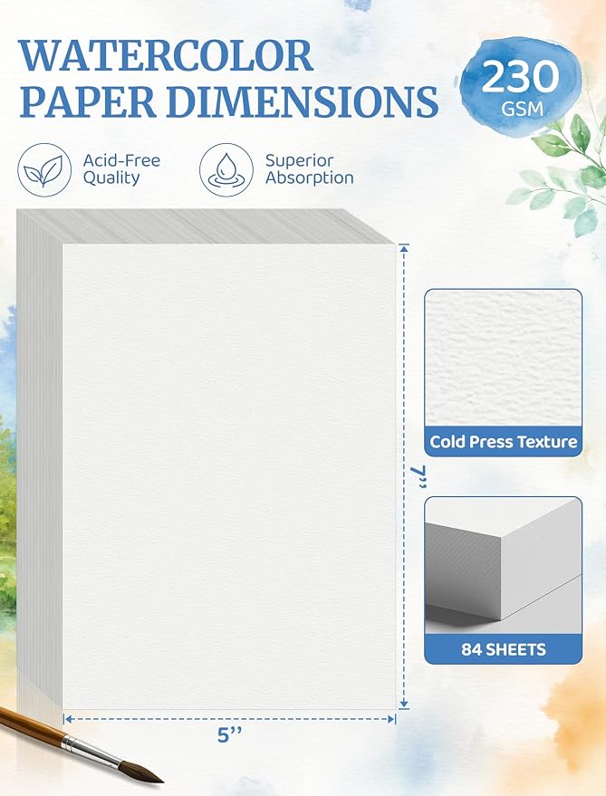 84 Sheets Watercolor Paper 5x7, 110 LB/230 GSM Water Color Paper 5 x 7, Cold Press Watercolor Paper Bulk, 5x7 Watercolor Paper Pad for Kids Adults, Art Paper for Painting, Sketching, Acrylic, Gouache