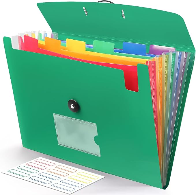 Accordian File Organizer 7 Pocket Expanding File Folder with Labels, Plastic Expandable File Folder for Documents Letter Size A4 Papers - Green