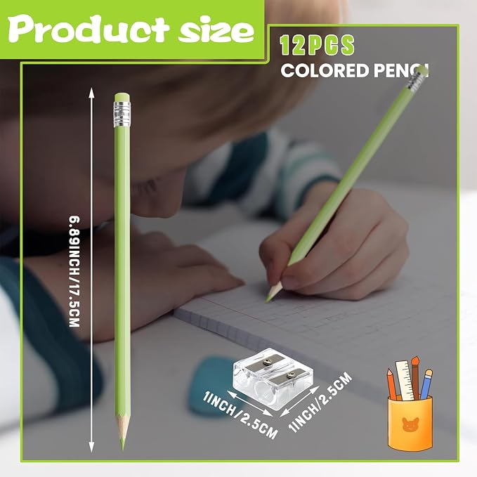 12 PCS Macaron Green Colored Pencils with Eraser Pre Sharpened Pencil 2 HB - Ideal for Checking, Grading, Tests & Office/School Supplies
