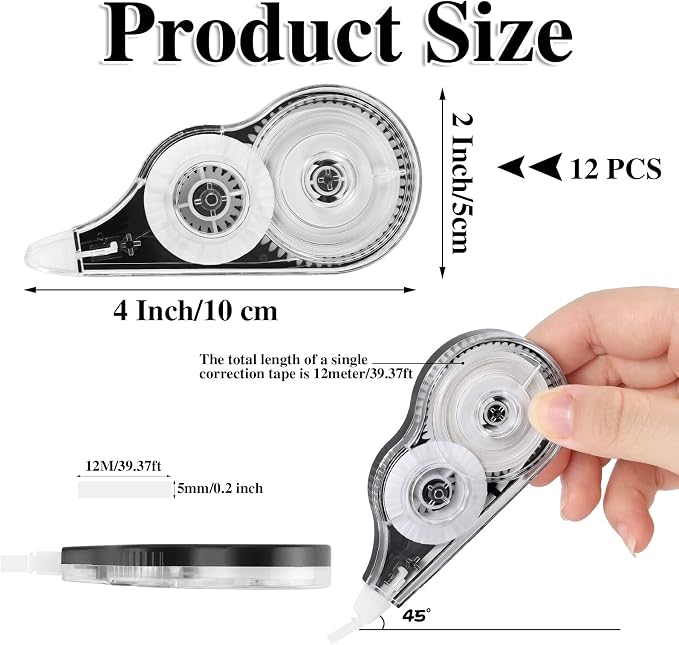 BESARME 12 Pack Correction Tape, 39 ft Each, 0.2 in Width | Instant-dry tape, adjustable gear window, smooth application, compact for school, office, and home use