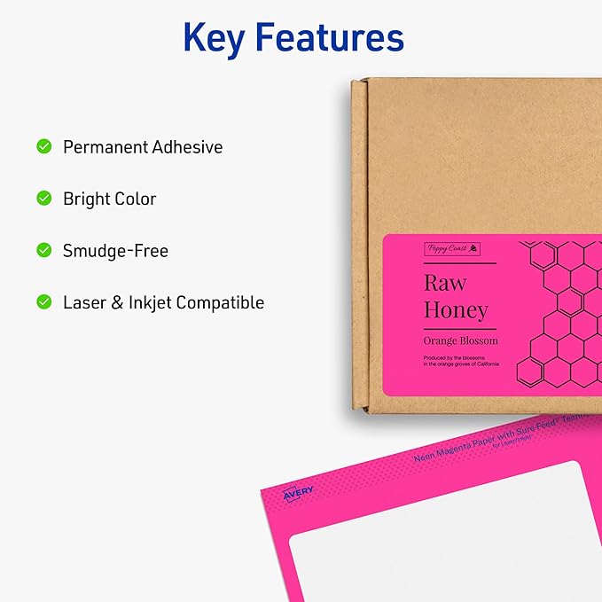 Avery Printable Shipping Labels with Sure Feed, 2" x 4", Assorted Neon Colors (Magenta, Green, Yellow), Laser & Inkjet Compatible, 150 Blank Labels Total (5978)