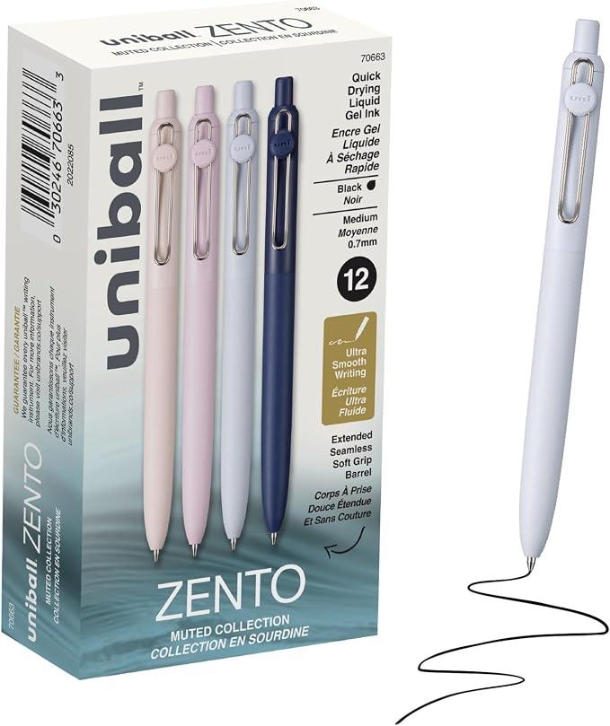 uniball™ Zento Gel Pens, Black Ink, 0.7mm Medium Point, Retractable, 12 Count, Smooth Writing, Quick-Drying, No Smear, No Bleed, Muted Barrel Colors