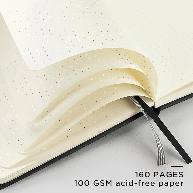 &And Per Se Dotted Journal and Pen Set, A5 Leather Hardcover Dotted Notebook, 160 Pages 100GSM Thick Paper Dot Grid Journal with Fineliner Pen (Black)