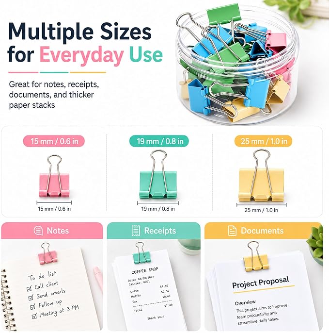 Binder Clips Assorted Sizes, Durable Metal Binder Clips for Office, Cute Desk Supplies for Teachers Student (60, Colorful)