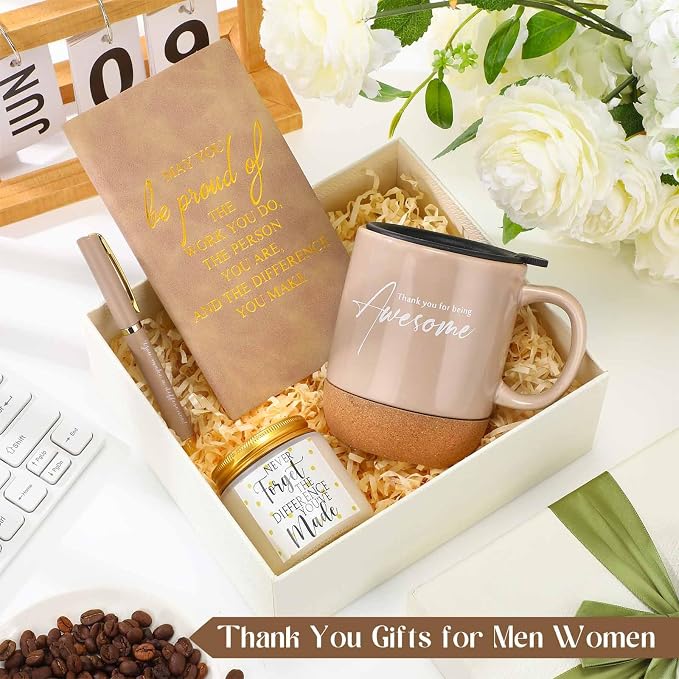 Sayglossy 4 Pcs Thank You Gifts Set for Men Back to School Teacher Appreciation Gift Leather Notebook Inspirational Coffee Mug Scented Candle Ballpoint Pen for Male Employee Coworker Boss Nurse, Gold