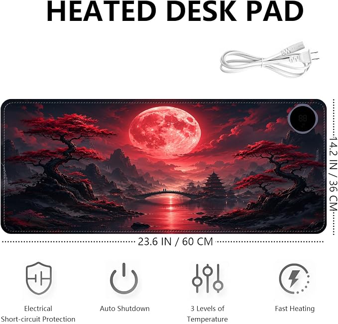 Large Heated Mouse Pad–23.6" x 14.2" Desk Mat for Office | 3 Adjustable Heat Levels,Auto Shut-Off After 3 Hours for Safety,Keeps Hands Warm While Working，Blood Moon Scenery