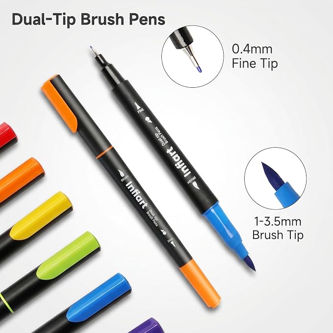 72 Colors Dual Tip Brush Pens, Water-Based Markers with Fine Tip and Brush Tip, Non-Toxic Art Supplies for Adult Coloring Books, Calligraphy, Sketching, Journaling, Drawing