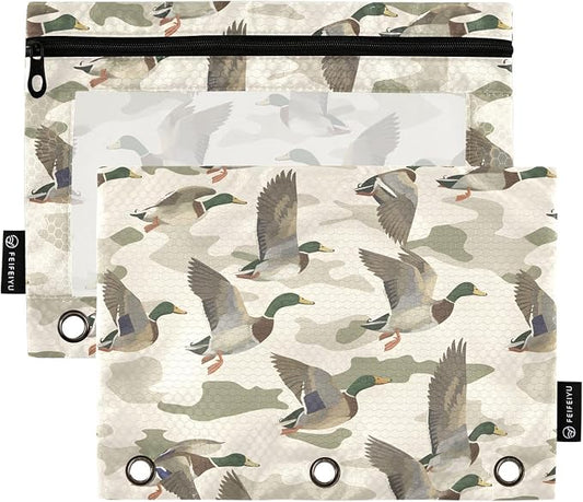 ALAZA Wild Duck Camouflage Pencil Pouch for 3 Ring Binder 2 Pack Zipper Binder Pencil Bag Case with Clear Window Office Supplies