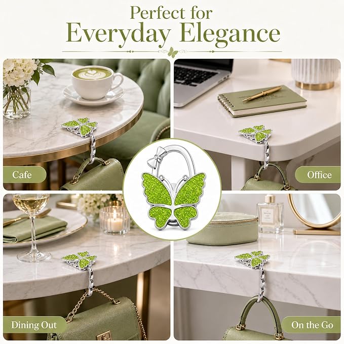 Purse Hook for Table, Foldable Handbag Hanger for Women, Portable Bag Holder with Non-Slip Base, Cute Green Butterfly Purse Table Hook for Restaurant Office Travel Gift