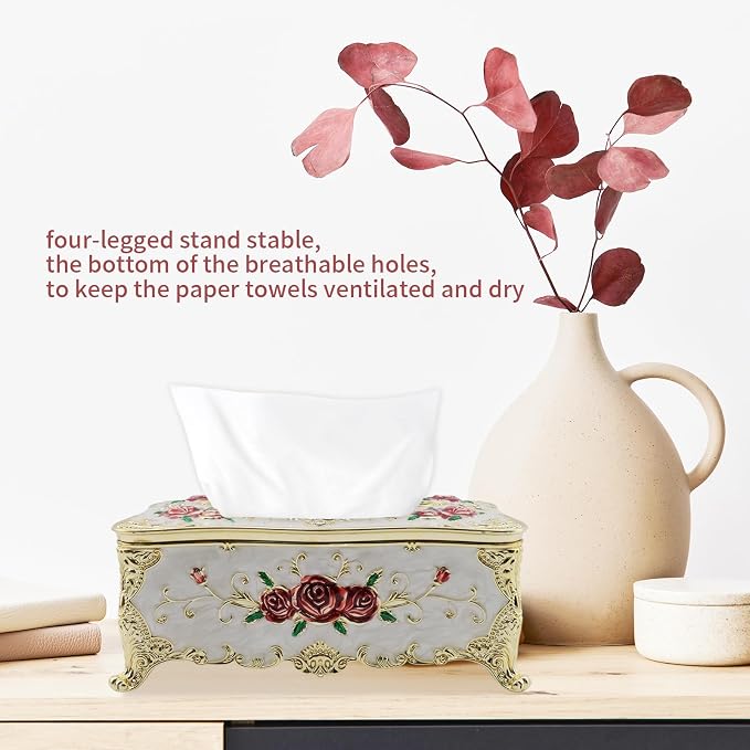 Luxurious Rose Tissue Box with Imitation Diamonds,Gold-White-red | Embossed Flowers，9.45"x5.43"x3.94"，Elegant Tissue Paper Holders，for Home Toilet Bath Hotel